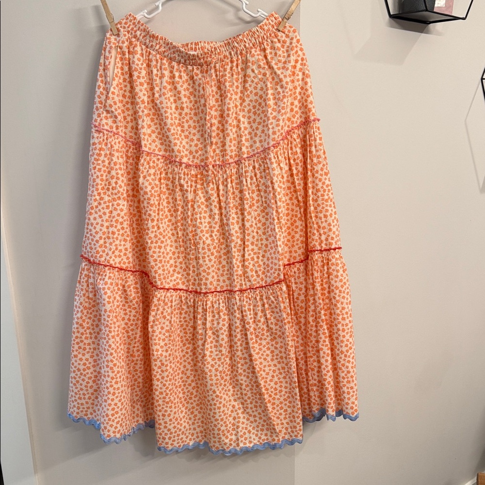 Chic Floral A-Line Skirt - Peach and Blue